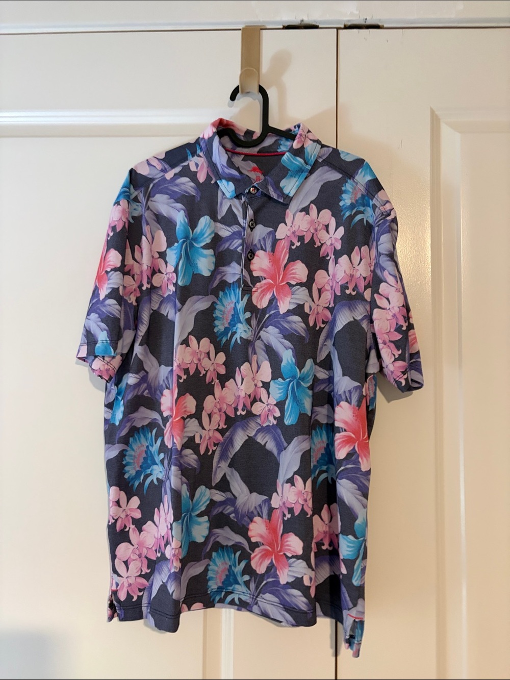 Tommy Bahama Navy Floral Polo with Pink & Blue Blooms